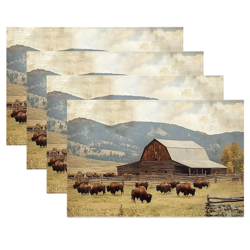 

4pcs barn surrounded by bison in Placemats Farmhouse Dining Table Place Mats Spring Summer Country Rustic Kitchen Decor Home Dec