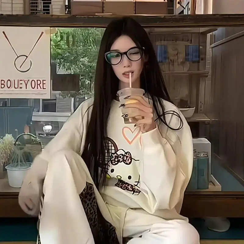 Vintage Kitty Print Rundhalspullover Harajuku Hoodie Damen Herbst Sweatshirt Kawaii Hello Kitty Sweatshirts