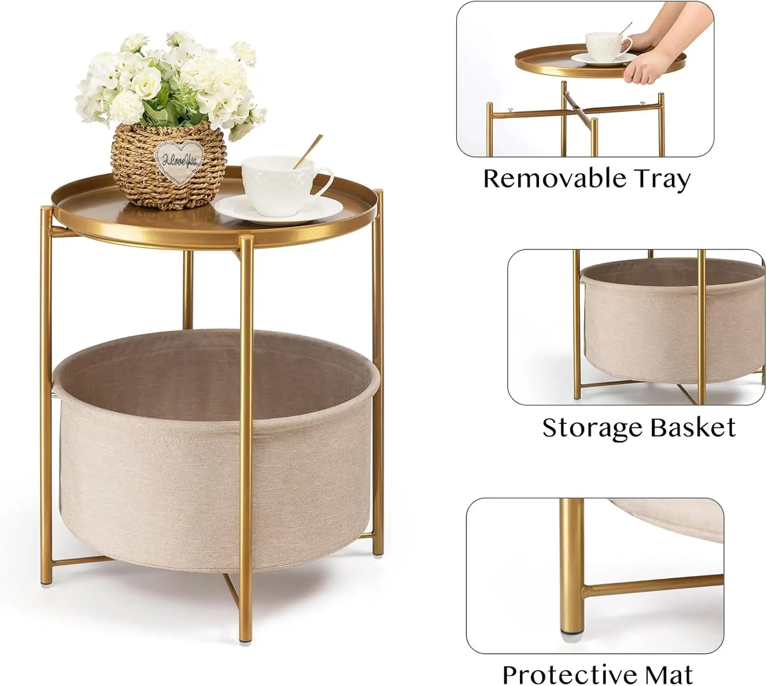 

Round Side Table with Fabric Storage Basket, Metal Small Bedside Table Nightstand with Removable Tray Top for Living Room