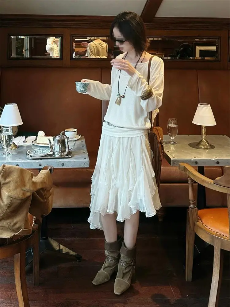 Irregular Lace Half Skirt Women's New 2026 High Waist Slimming Overlap Hemline Ethereal Korean Style Commute A-Line Skirt