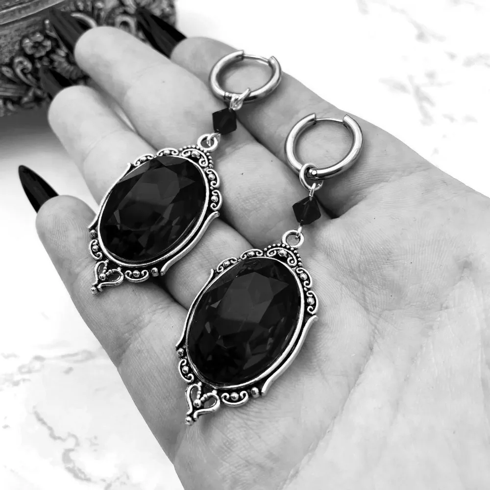 Victorian Gothic Geometry Multi-faceted Oval Black Red Crystal Hoop Earrings for Women Halloween Charm Jewelry Accessories Gift view 5