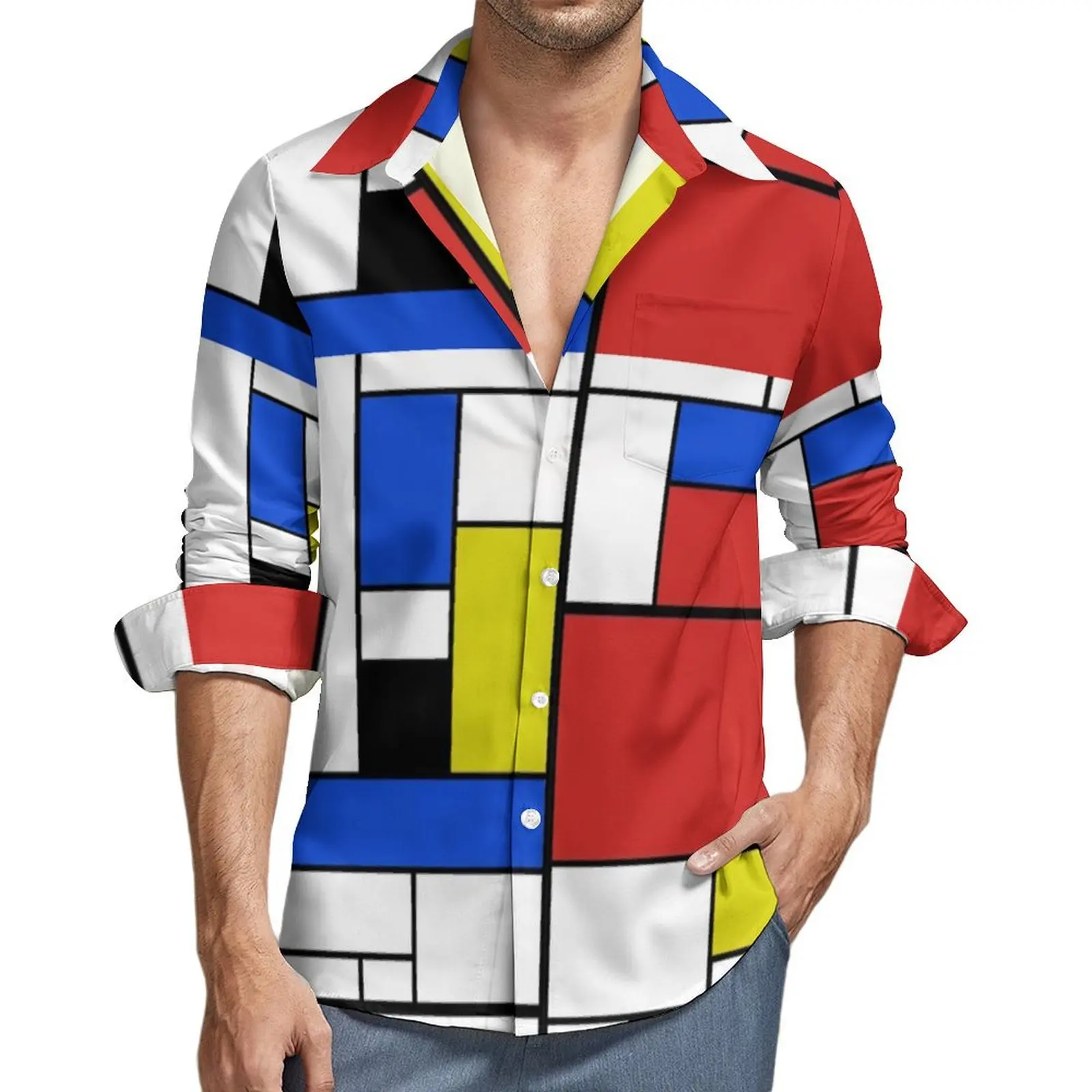 Mondrian Line Casual Shirts Colorful Plaid Retro Shirt Autumn Street Style Oversized Blouse Men Long Sleeve Graphic Clothes Gift