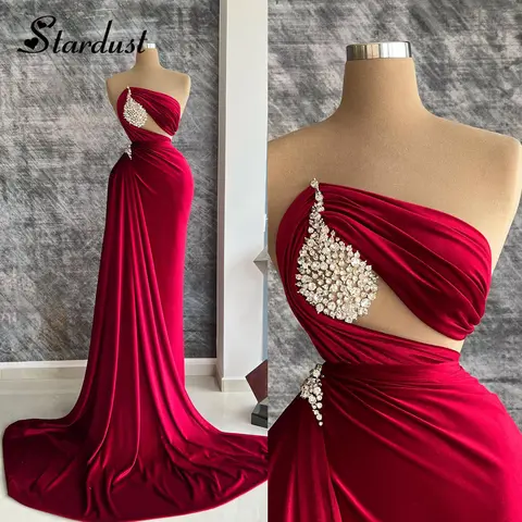 Stardust charmante trompette robes De bal pour les femmes strass plissé découpé chapelle Train Pageant robes De Festa personnalisé