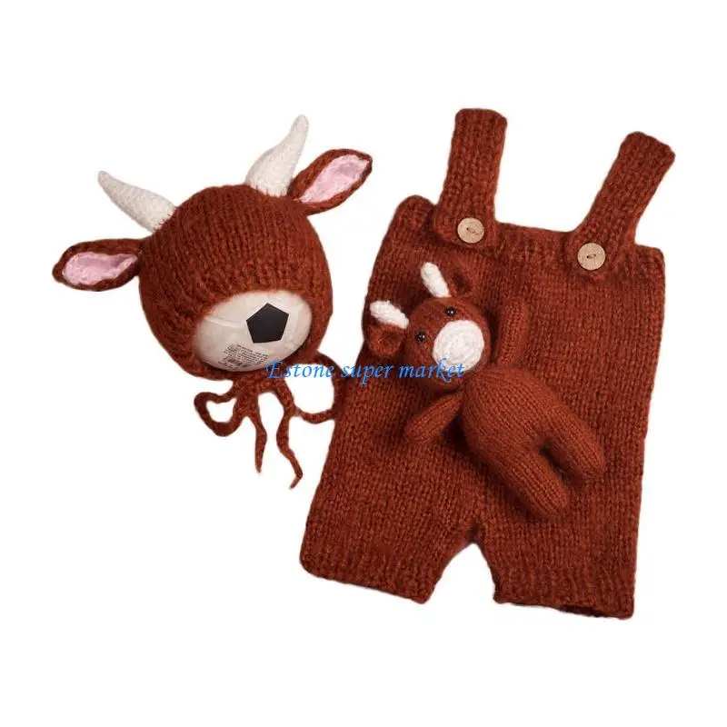 

090B 3 Pieces Fashionable Crochet Coffee Cow Newborn Baby Photography Prop Outfit Set