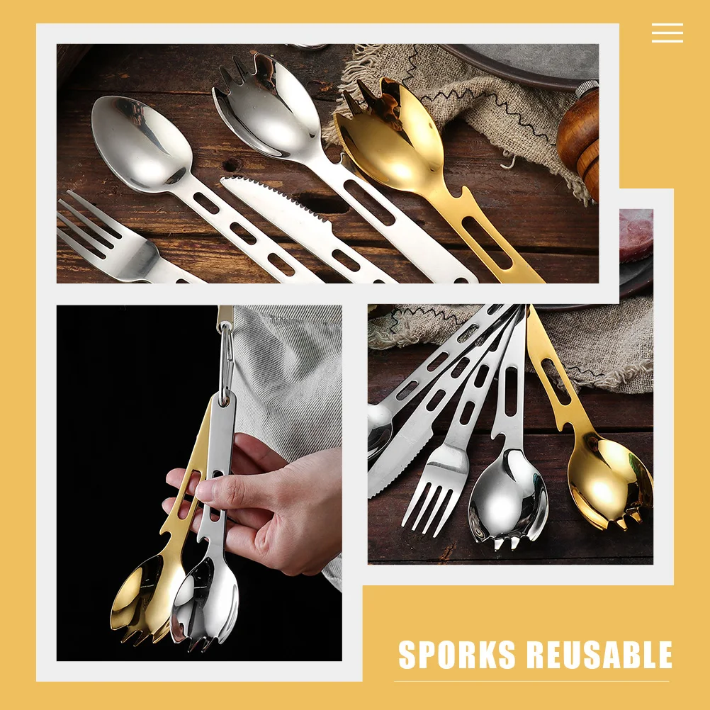 

2 Pcs Stainless Steel Multi functional Camping Spork Metal Spoons Forks Bottle Opener Cutlery Outdoor Survival Tableware