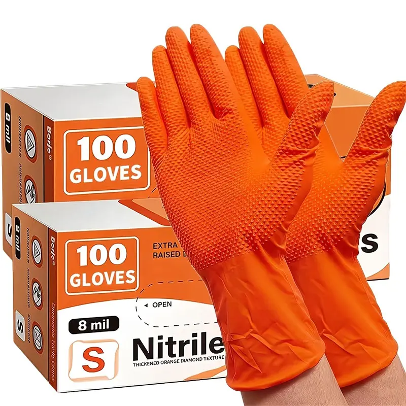 Orange Diamond-Textured Nitrile Gloves, for Car Maintenance, Kitchen Cleaning, Non-Slip and Wear-Resistant