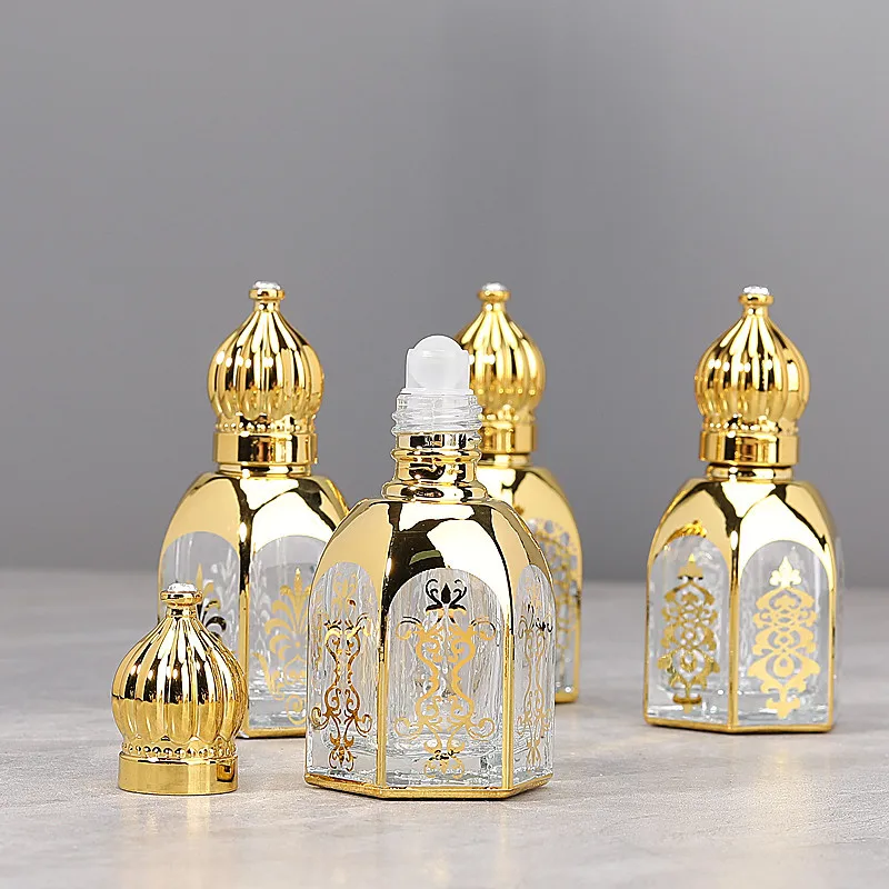 Bottiglia di profumo in vetro da 12 ml portatile Roll on Bottlse Confezione in oro Miscelazione Bottiglie a rullo vuote Mini contenitore per olio essenziale