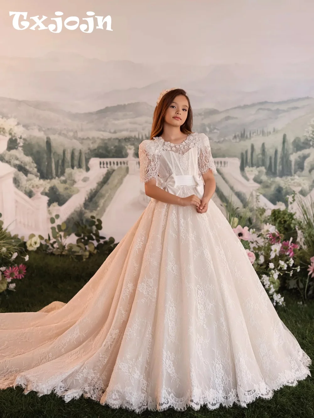 Txjojn New Glitter Lace Gilrs Dresses Pageant Gowns Opulent Delicate Floral Short Sleeve Kids Princess Gown Banquet Party Wear