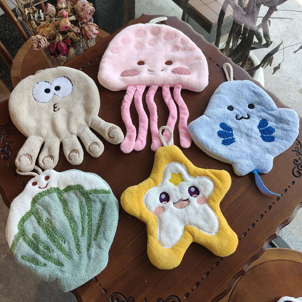 Cute Marine Animal Hanging Hand Towel Octopus Jellyfish Starfish Soft Coral Fleece Absorbent Kitchen Towel for Bathroom Decor