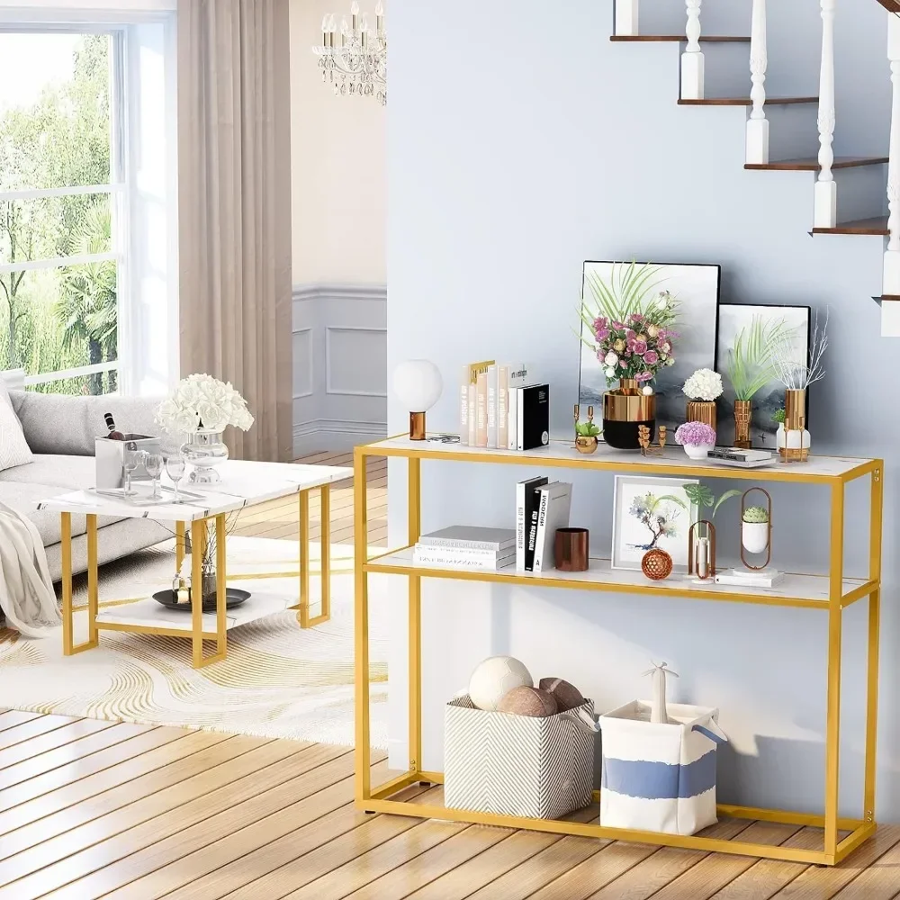 

y 3 Piece Living Room Table Set, Faux Marble Coffee Tables with Round End Side Table and Console Table with Gold Metal Frame