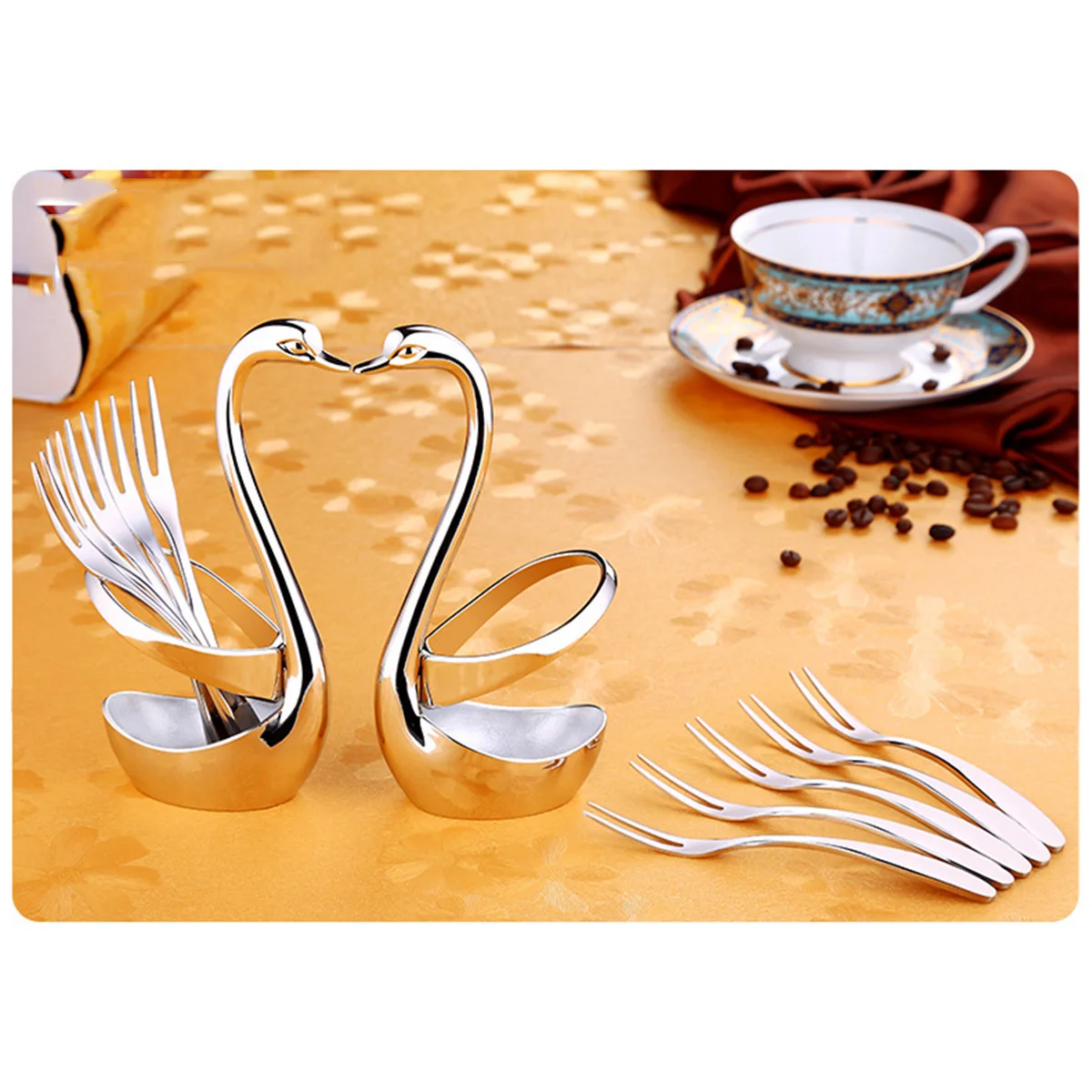 

Stainless Steel Fruit Fork Flatware Holder Swan Shape Spoon Cutlery Rack Elegant Tableware Dessert Serving