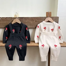 2024 New Autumn Infant Baby Girls Knitted Clothing Set Long Sleeves Embroidery Sweater+Jumpsuit Children Knitted Clothes Suit