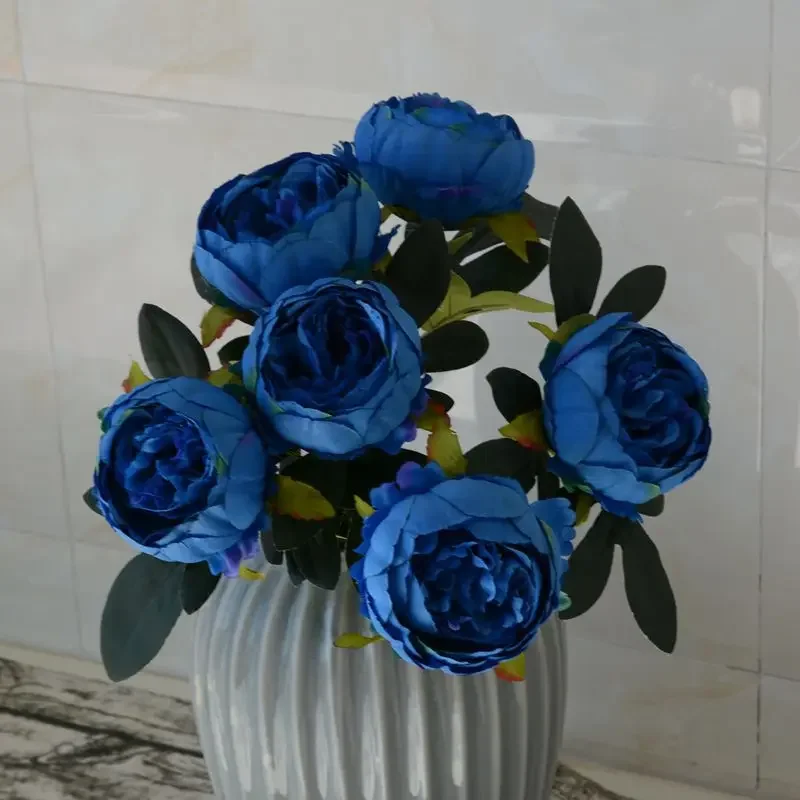 7 Heads Artificial Peony Bouquets Wedding Flowers Arrangement,Blue Red White Silk Peonies Flower Home Office Table Decoration