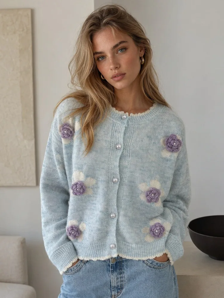3d Floral Knitted Cardigan Round Neck Long Sleeve Warm Sweater Coat Female Autumn Winter Korean Style Outerwears