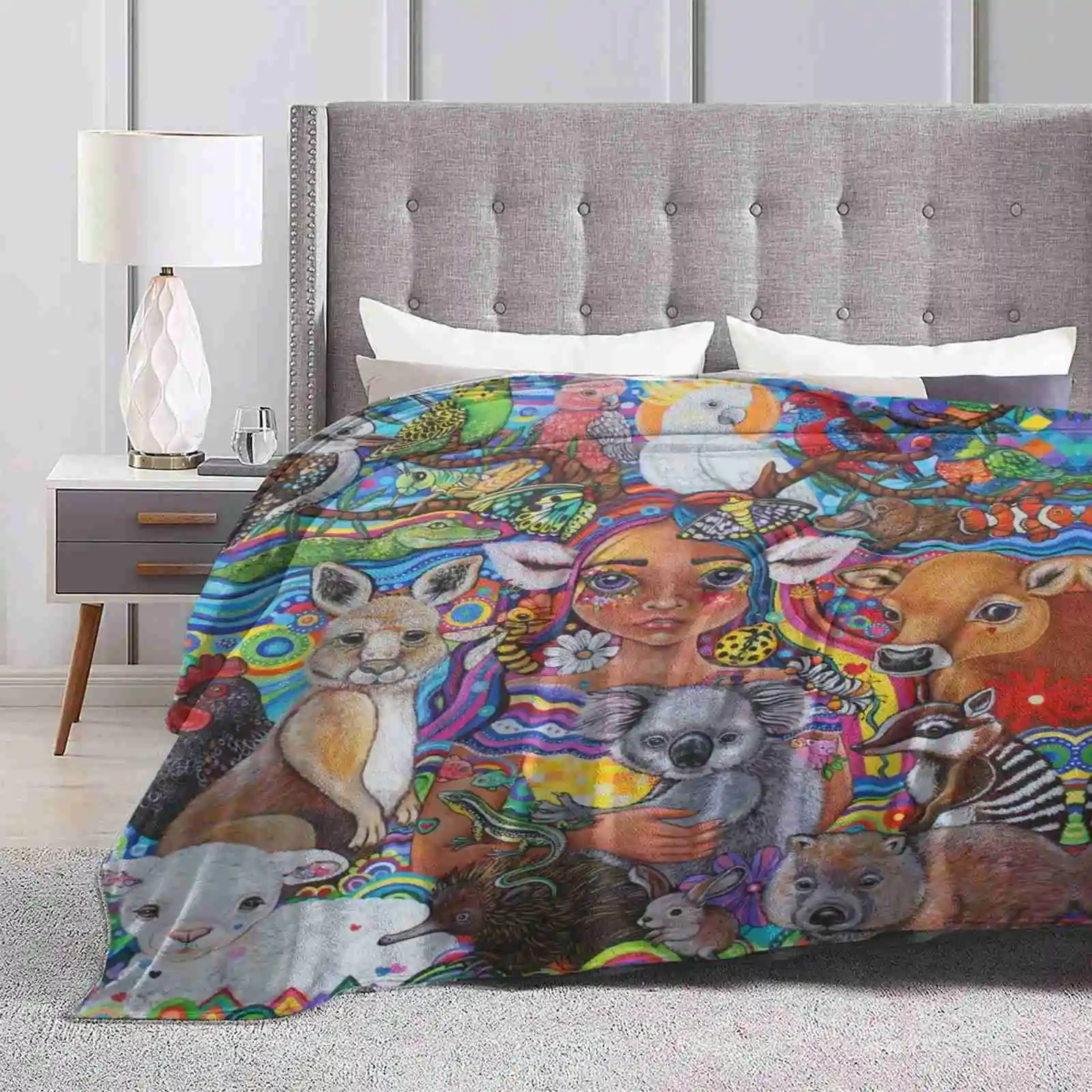 The Caretaker New Selling Custom Print Flannel Soft Blanket Australia Vegan Art Animal Rights Koala Kangaroo Cockatoo Echidna