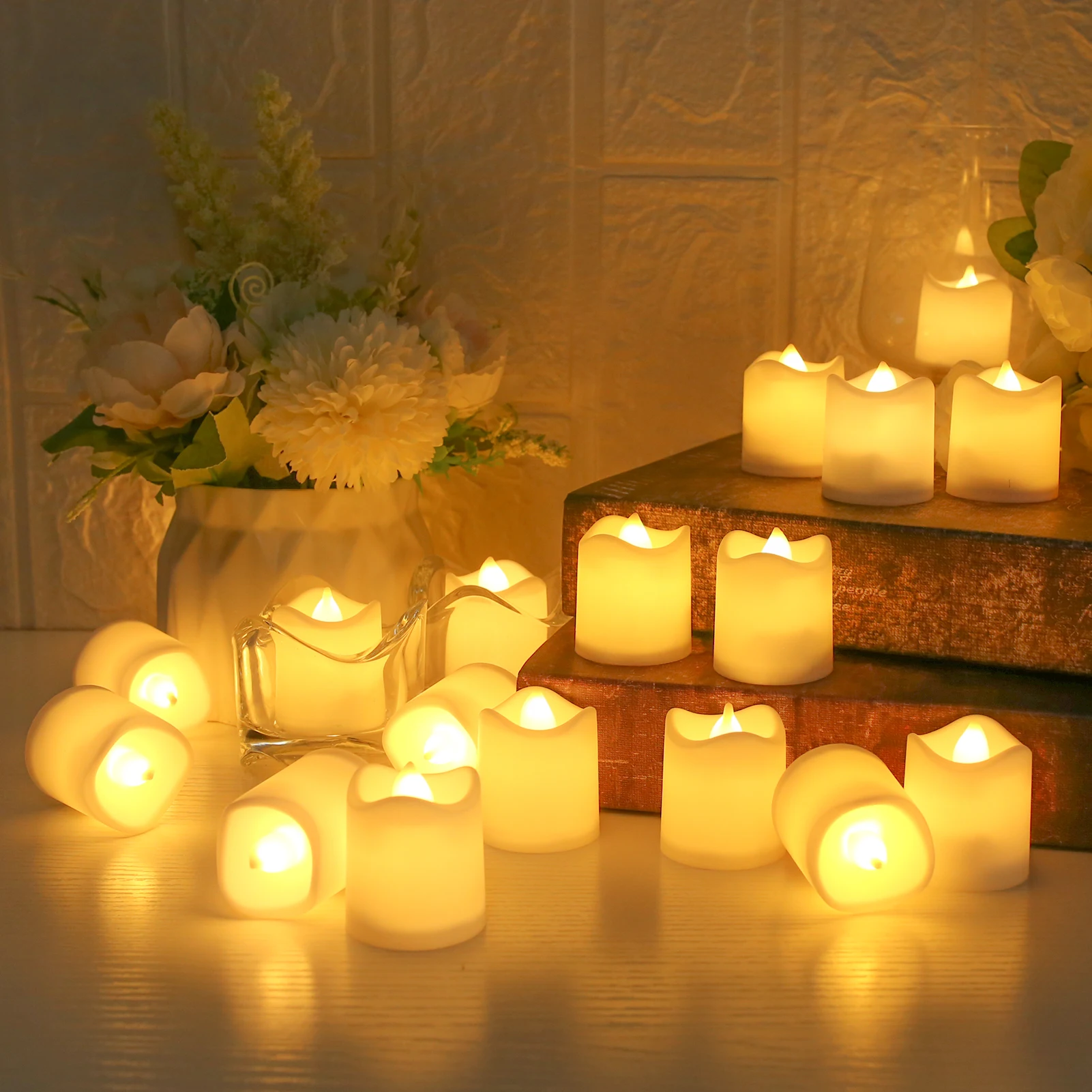 24/48 Stück flammenlose Votivkerzen, elektrisch, batteriebetrieben, LED-Teelichter, künstliche Kerze, warmweiß, für Hochzeitstisch, Weihnachten – Detail 7