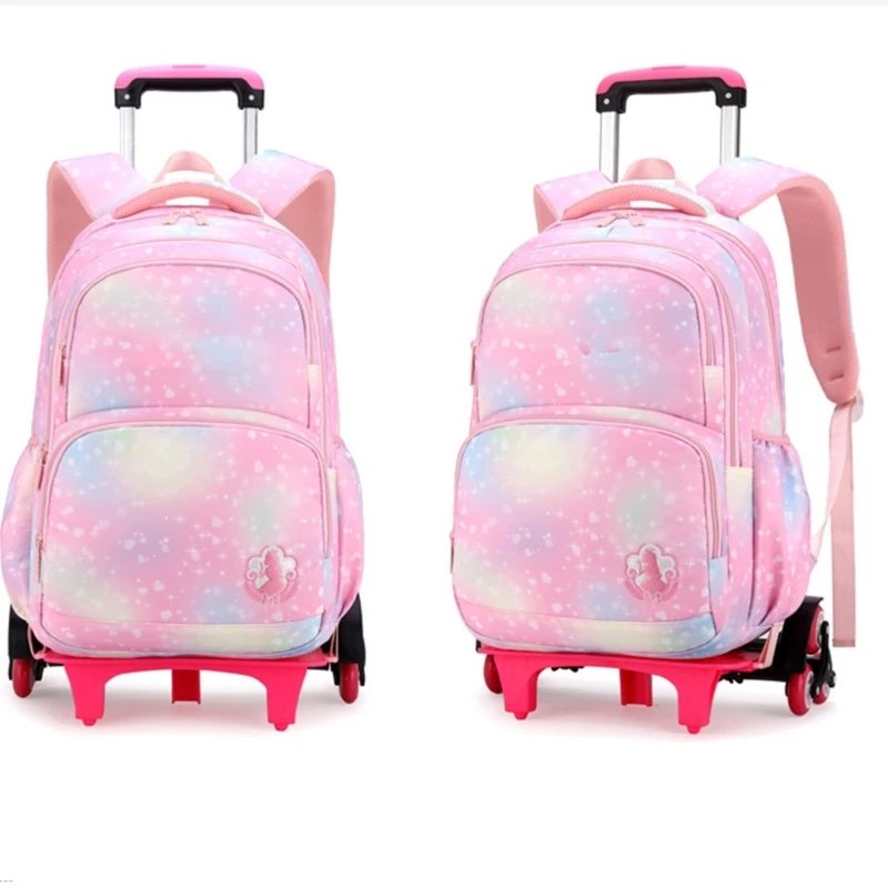 Trolley Backpack Rolling Bag for Elementary Student Colorful Heart Pattern