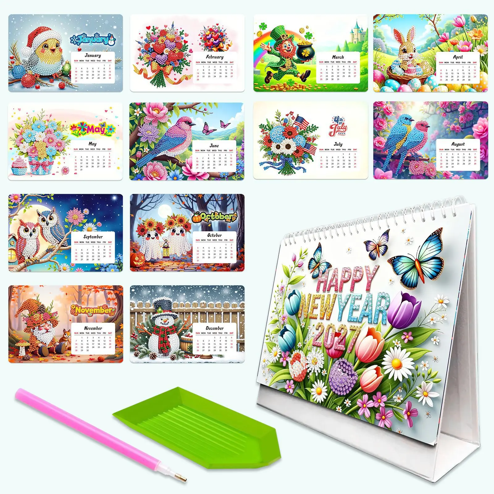 DIY Diamond Painting 2027 Table Calendar Kit 12 Monthly Pages Complete Desktop Decor Handcraft Gift for Adults and Kids Gift