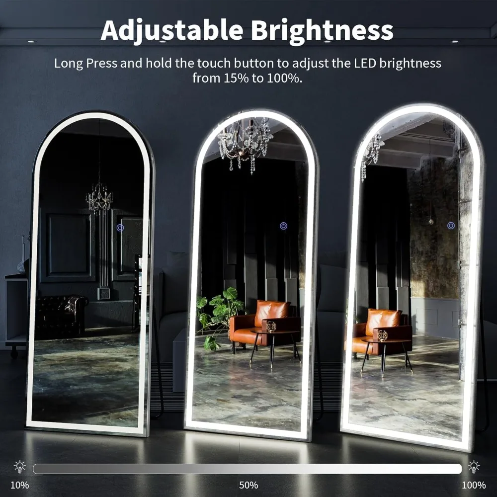 Espejo LED de 56 "x 21", longitud completa, espejo corporal de suelo arqueado con luces regulables, 3 modos de color, montado en la pared apoyado de pie para