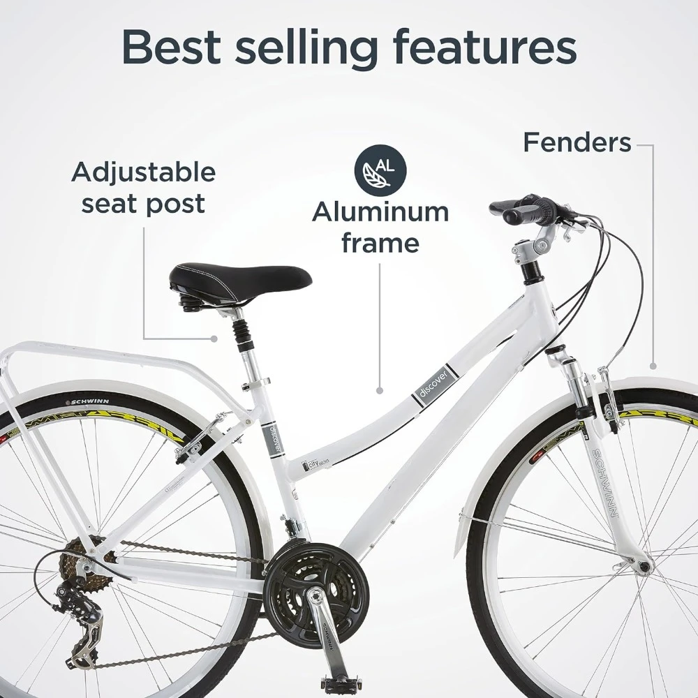 Discover Adult Hybrid Bike , 700c Wheels, 21-Speeds, Step-Through or Step-Over Frame, Front and Rear Fenders, Rear Cargo Rack