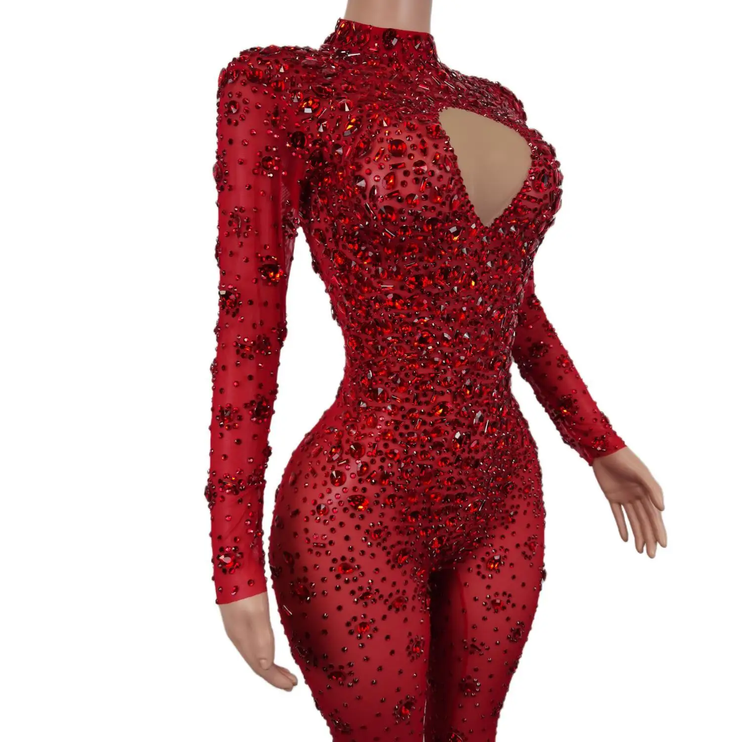 Gorgeous Long Sleeves Night Club Singer Dancer DJ Stage Performance Costume Party Rompers Lady Perspective Rhinestone Jumpsuits