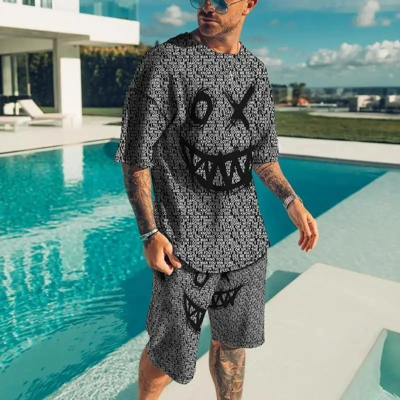 Summer Demon OX Smiling Face Pattern Men's Shorts Sets Casual Street T Shirts+Shorts 2PCS Outfits 3D Print O-Neck Tracksuit Suit