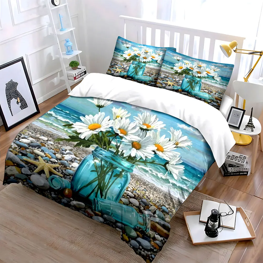 Seaside Glass Jar with Daisies Print Bedding Set 1 Duvet Cover 2 Pillowcases for Adult and Children Luxury Gift Full Size