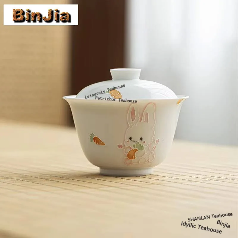 120ml Hand-painted Cute Rabbit Gaiwan Jade Mud White Porcelain Thin Tire Tea Tureen Chinese Tea Maker Cover Bowl Tea Items Craft