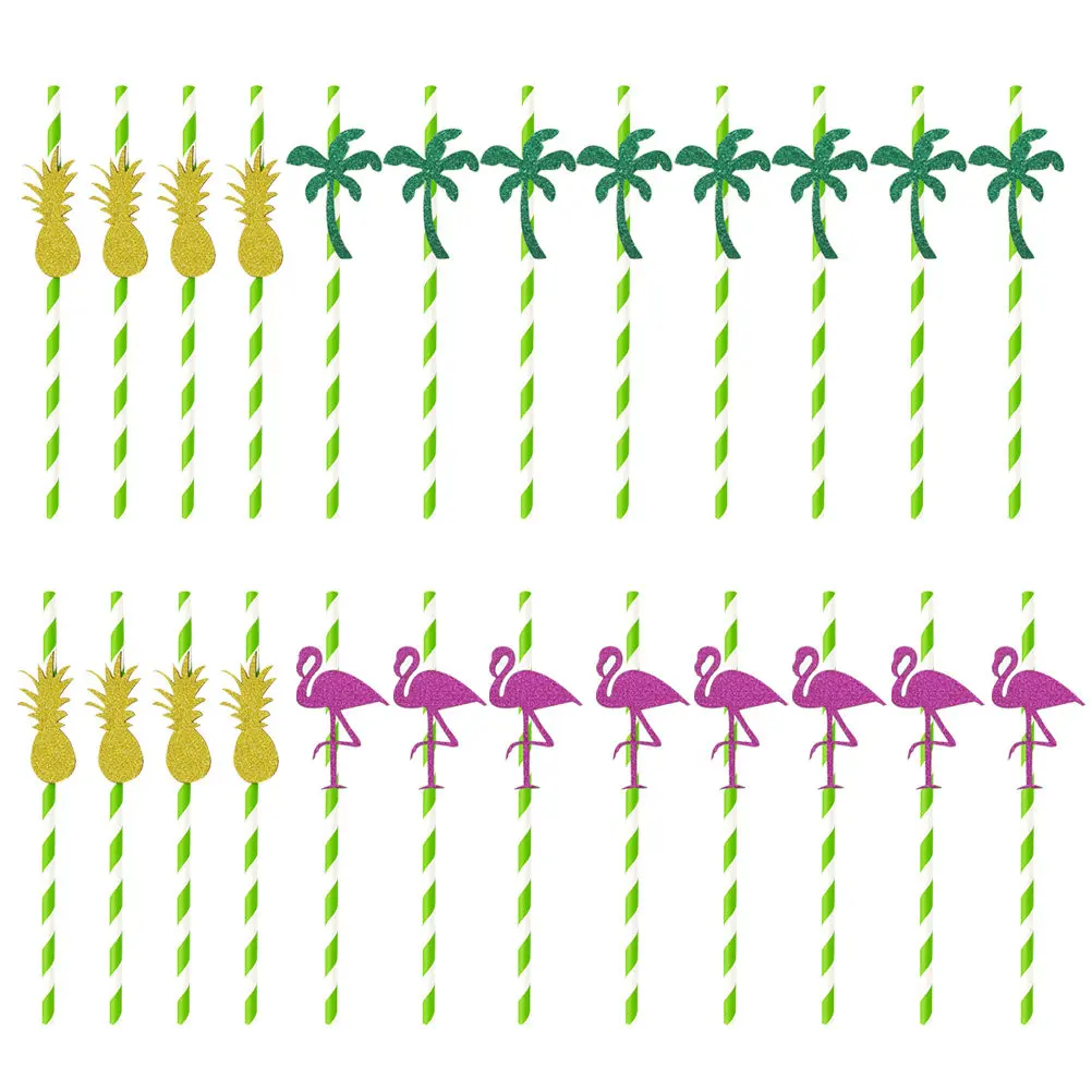 

24 шт. бумажных трубочек для напитков с декором в виде фламинго, для вечеринки в гавайском стиле, украшения для луау, с узорами ананасов и кокосовых пальм