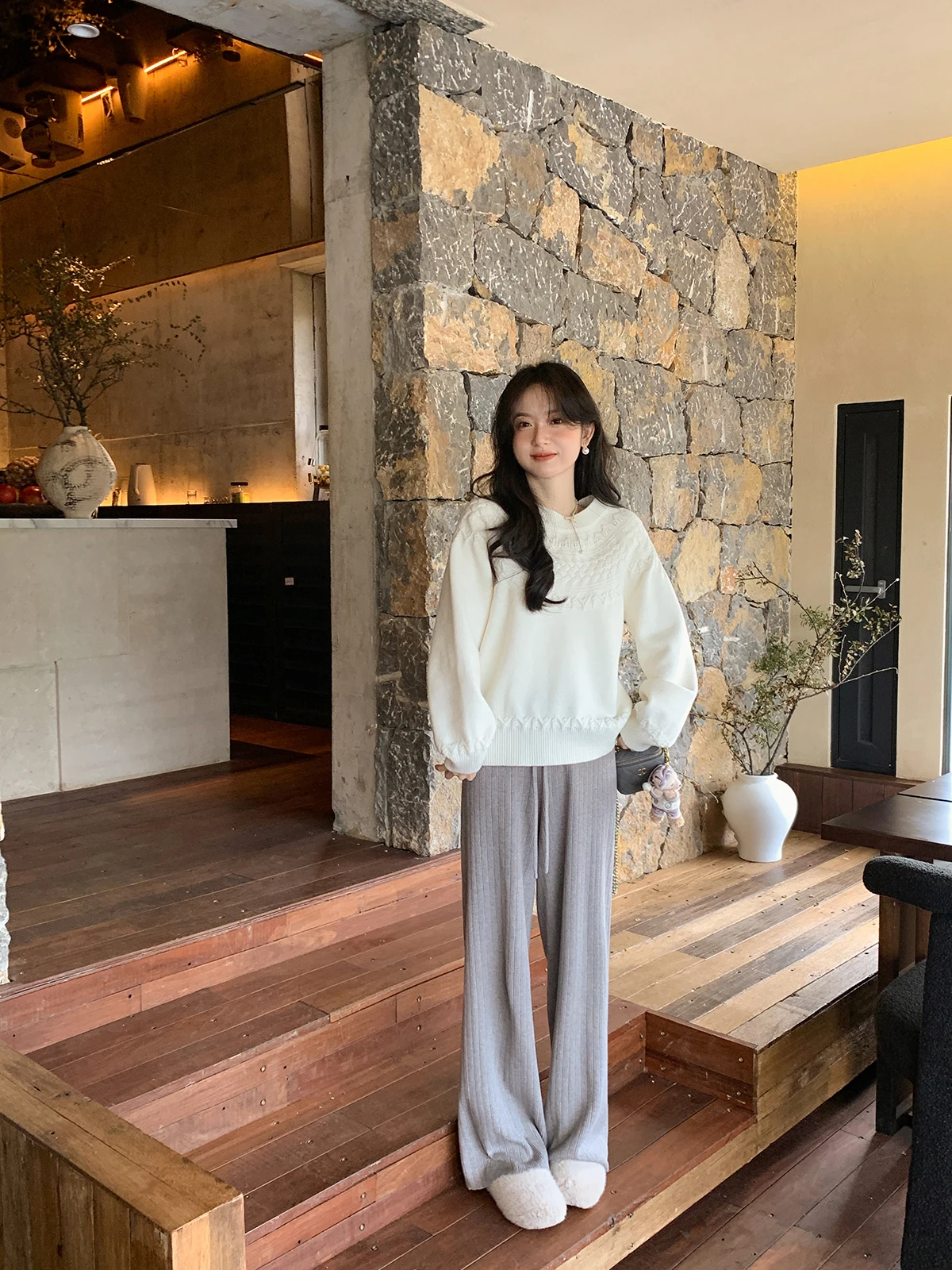 

Комплект печенья Miss Squirrel Cry, повседневный комплект с широкими штанинами, осенне-зимняя внутренняя одежда, свитер с текстурой, полиэстер, нейлон, шерсть, акрил