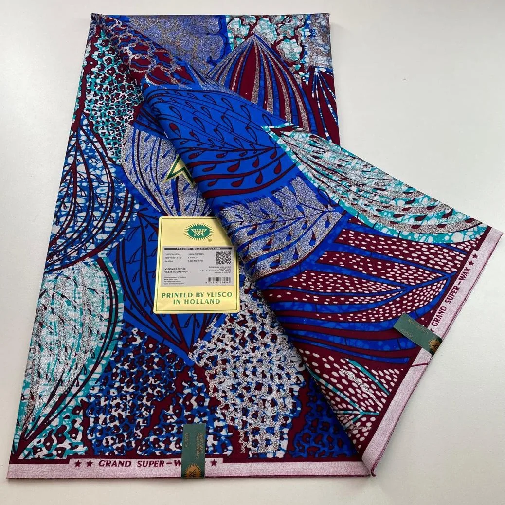 Tessuto Grand Super Wax di alta qualità 100% cotone Tessuto africano in cera dorata Tessuto con stampa Ankara in cera per cucire 6 metri Nuovo arrivo