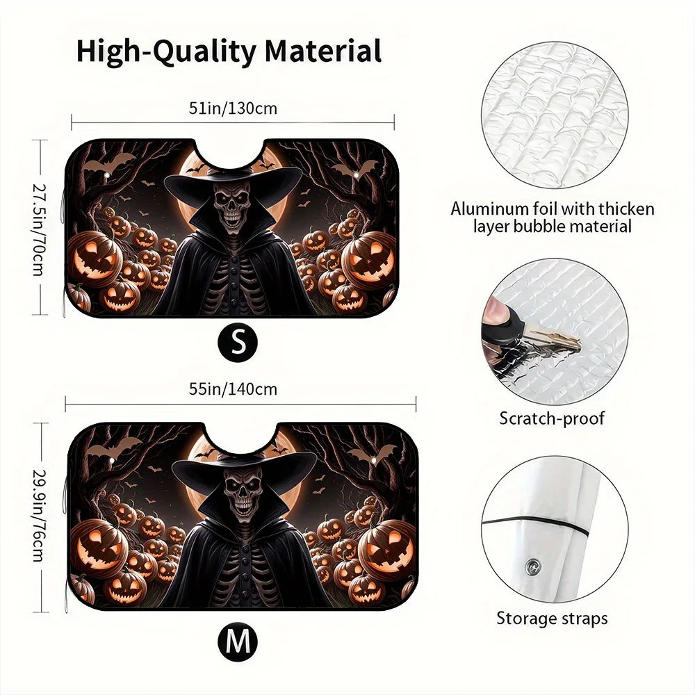 1pc Halloween Car Sunshade - Portable Foldable Windshield Protector With Spooky Skull Witch Pumpkin Bats Design, Front Sun Visor