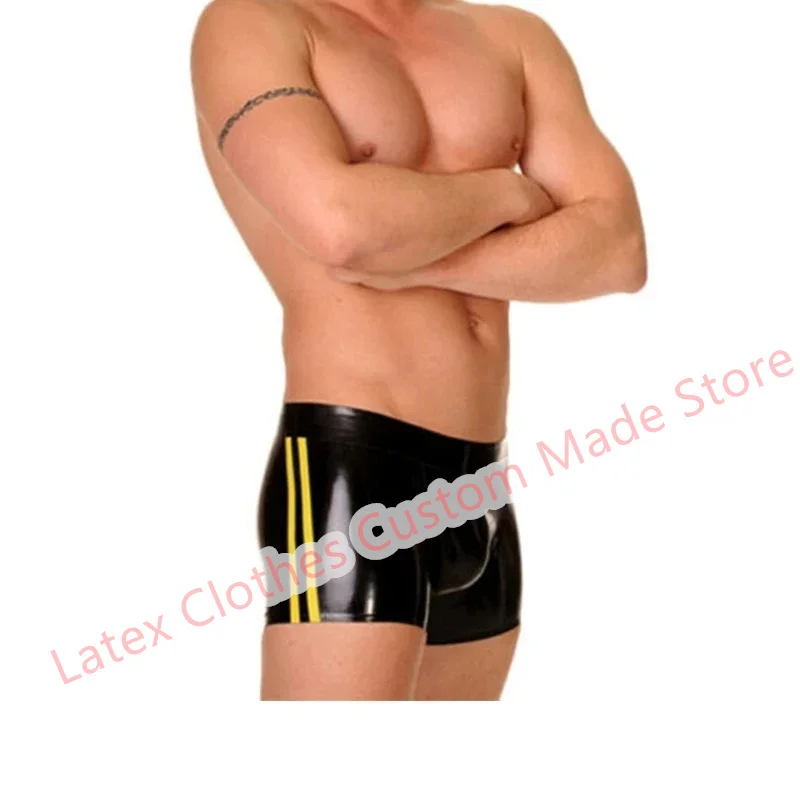 

Latex Male Panties Customise Sexy Fetish Men Underwear Boxer Supply Plus Size Shorts with Yellow Trim