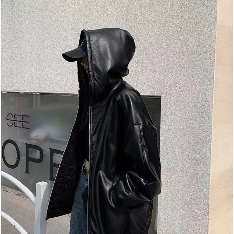 Chic Fleece Pu Reversible Women Jacket Hooded Zip Up Oversized Black Grunge Y2K Streetwear Loose Baggy Winter Coat Top
