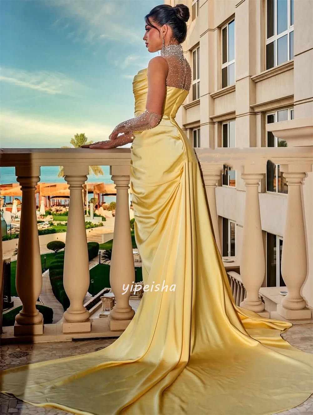 Customized Intricate Formal Charmeuse Sequined Beading Column High Collar Long Dresses Bespoke Occasion Dresses Sizes Available