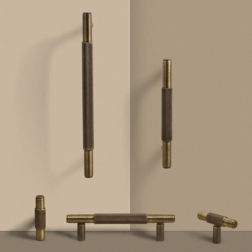 Solid Brass Furniture Handles Cross Knurling Cupboard Wardrobe Dresser Shoe Drawer Cabinet Knobs T-Bar Hardware Handle