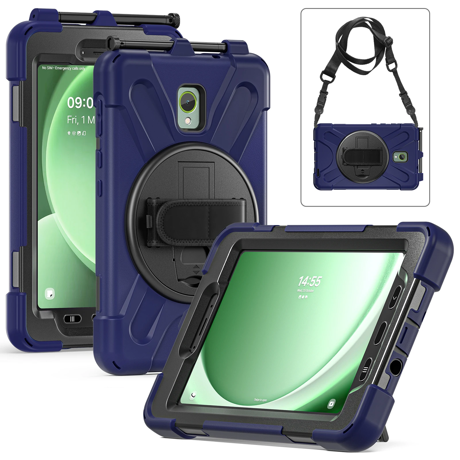 

For Samsung Galaxy Tab Active 3 T570 / Tab Active5 X306B Case PC+Silicone Protective Cover with Shoulder Strap - Navy Blue
