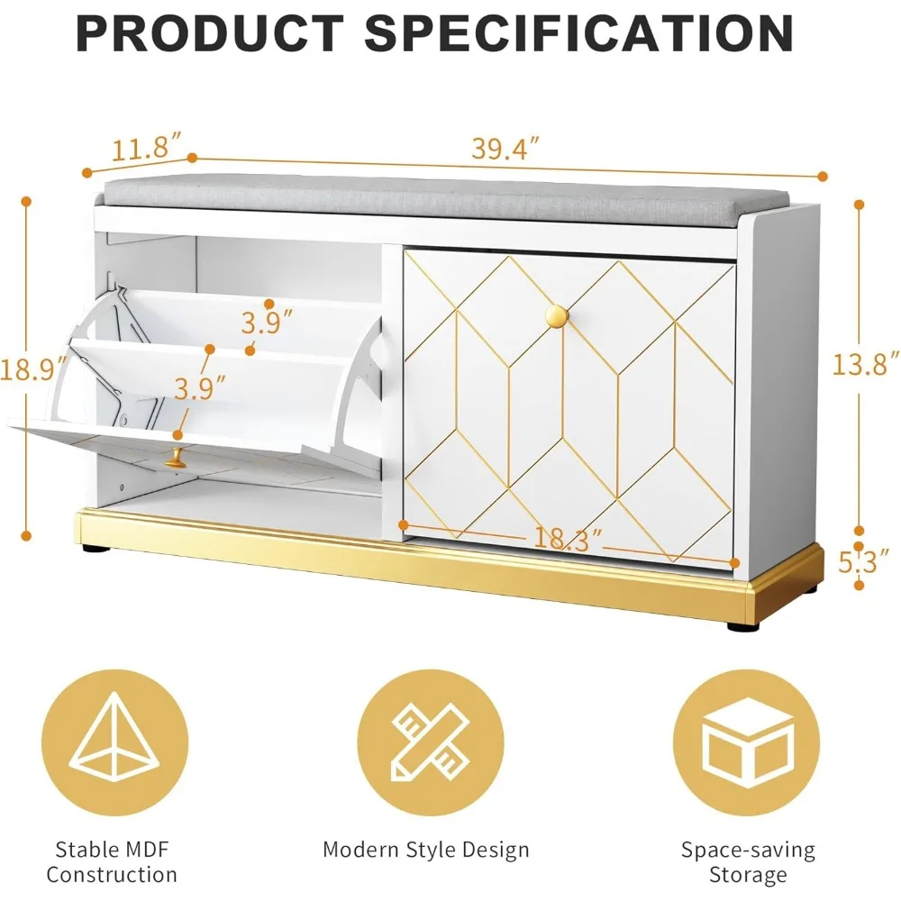 Banc à chaussures avec rangement, banc d'entrée moderne avec 2 tiroirs rabattables et siège coussin rembourré, banc de rangement pour chaussures pour couloir, Cl