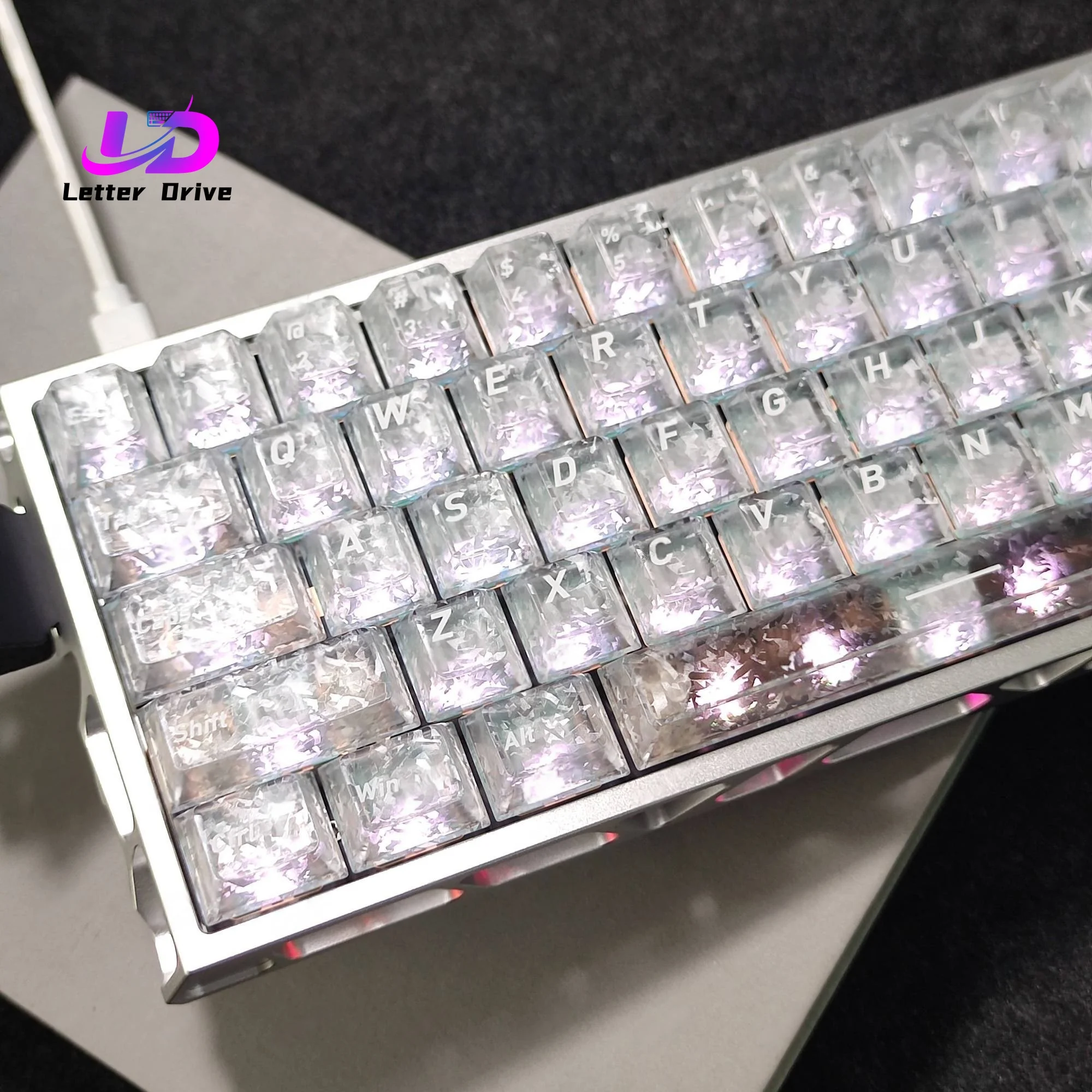 White Carbon Fiber Look Transparent PC Keycaps UV Printing Cherry Profile Frosted Translucent Key Cap for Mechanical Keyboard