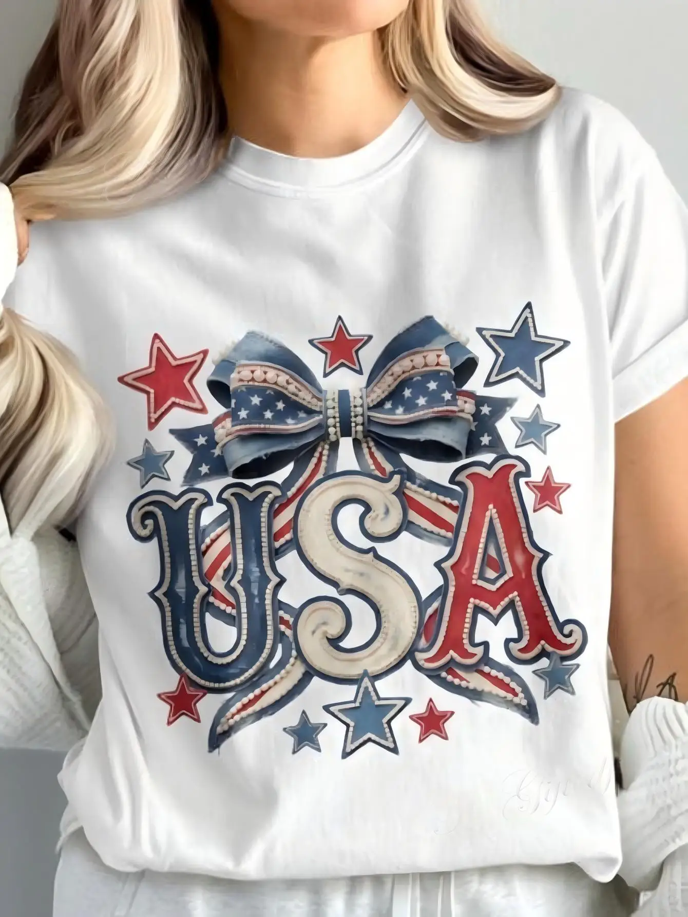 Women's Retro American Flag Bow Shirt Girly 4th of July Independence Day Patriotic T-Shirt Pure Cotton Loose Comfortable Fit for Everyday Wear And Parties