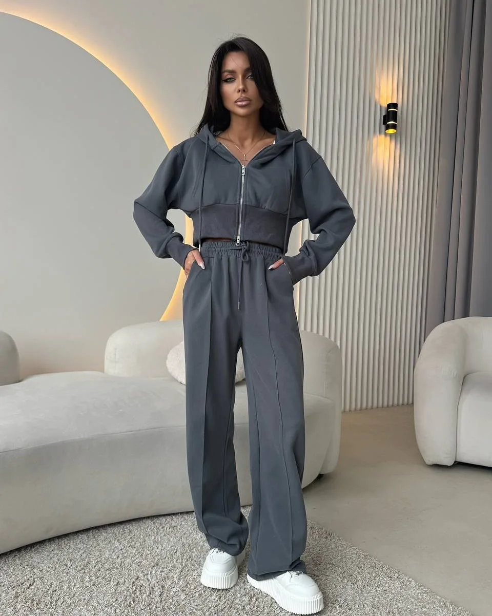 Autumn New Sports Suit Women Fashion Hooded Long Sleeved Zipper Short Top Coat Elastic Waist Lace Up Wide Leg Pants 2 Piece Set