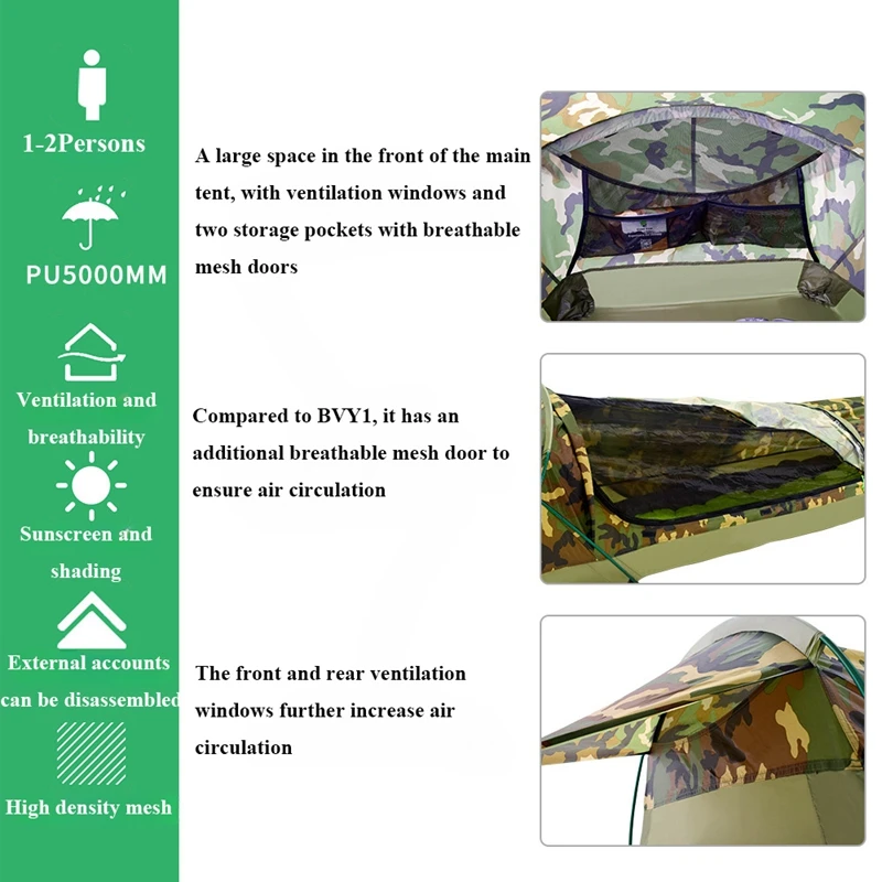 Imagem -04 - Única Pessoa Camuflagem Túnel Tenda Acampamento ao ar Livre Portátil Leve Impermeável Nylon Tecido Pólo de Alumínio Zíper Duplo