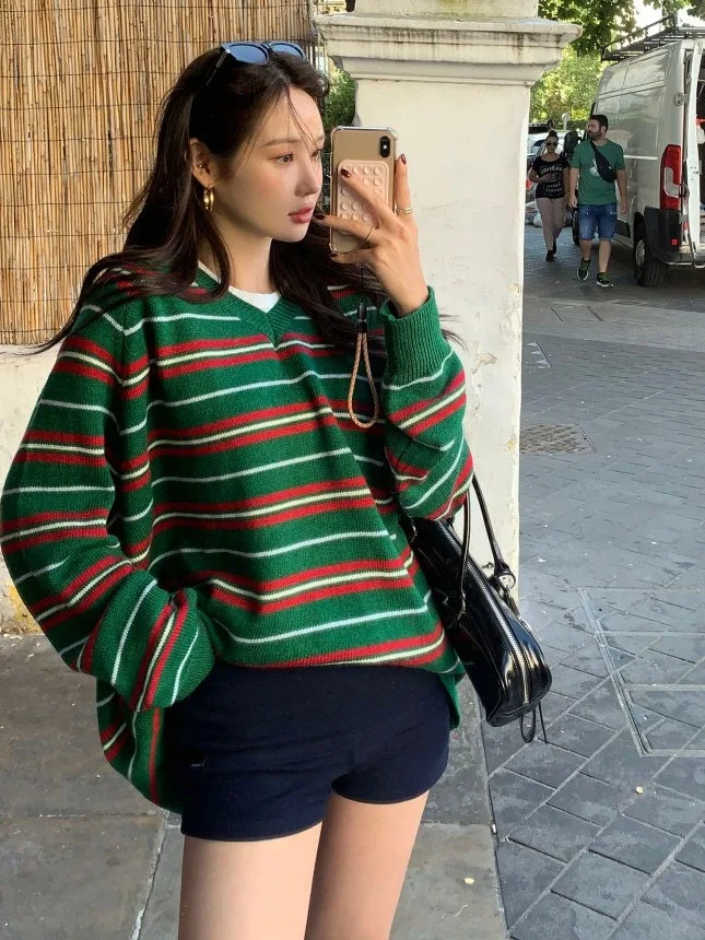 

Retro Striped V-Ne Loose Lazy Sle Knitwear Women Chic Autumn Long Sve Outerwear Sweater Trendy Oversized Comfortable Top