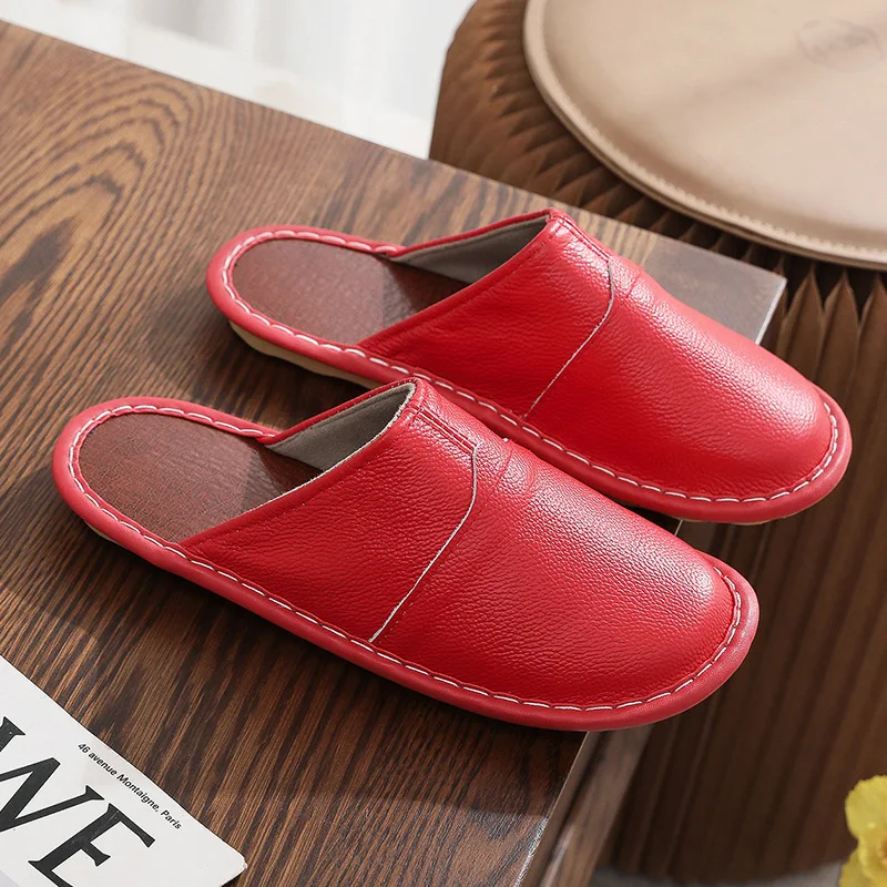 Genuine Leather Slippers All Seasons Men's Autumn Winter Room Slides Shoes Home Concise Couple Slippers Man Indoor Scuff Shoes