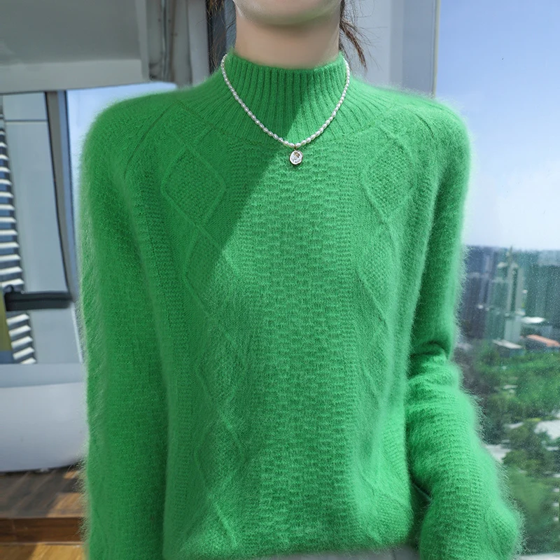 

100% Pure Mink Cashmere Knitted Sweater Women's High Neck Thicken Large Size Pullovers Fashion Loose Jacquard Long Sleeve Blouse