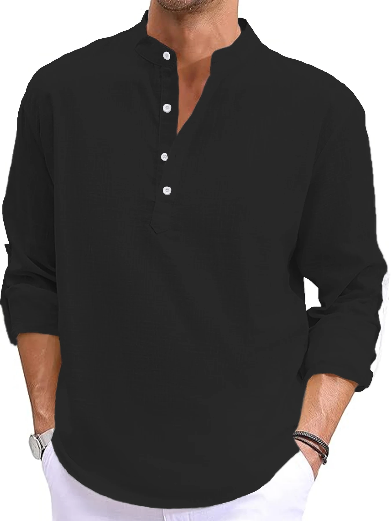 Neue Men Linen Long Sleeve T-Shirt Cotton Solid Color 6