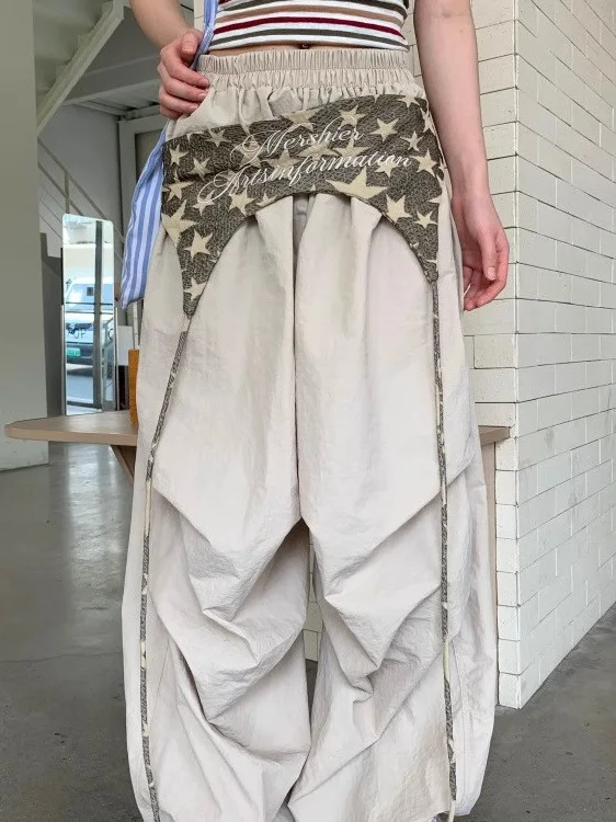 

Loose Hip-Hop Pleated Wide-Leg Trousers Fashionable Hot Girl Design Stitching Drape Paratrooper Pants Women