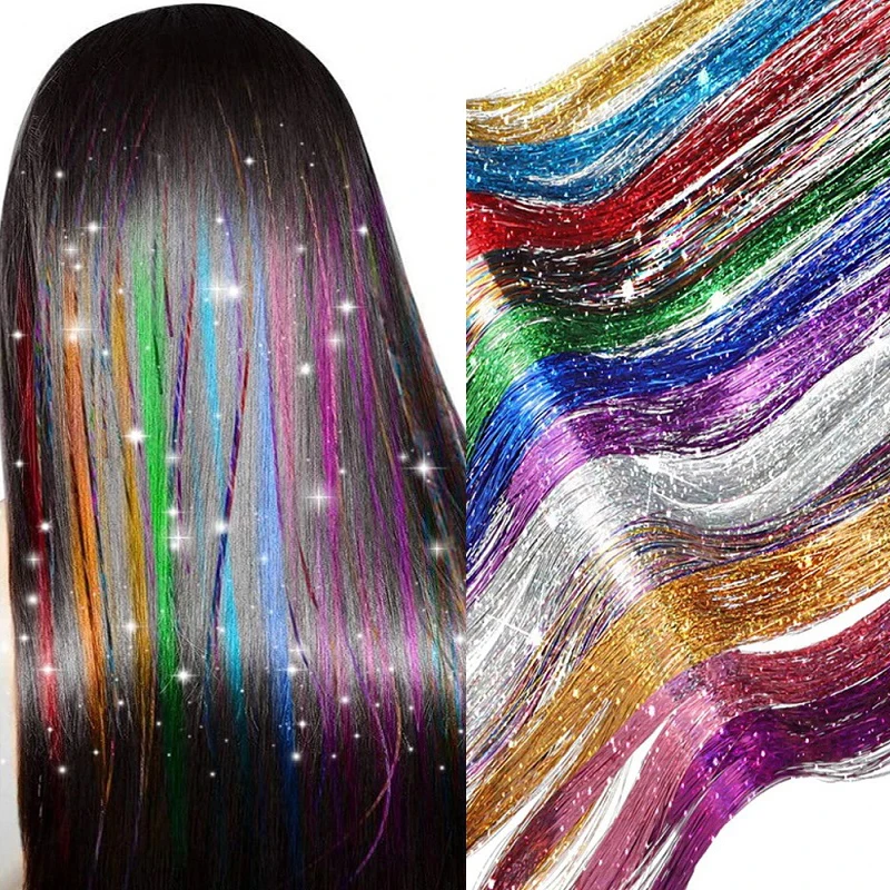 Oropel de pelo brillante, hebras de colores arcoíris, tocados para niñas, horquilla láser, extensiones de cabello falso, decoración con purpurina
