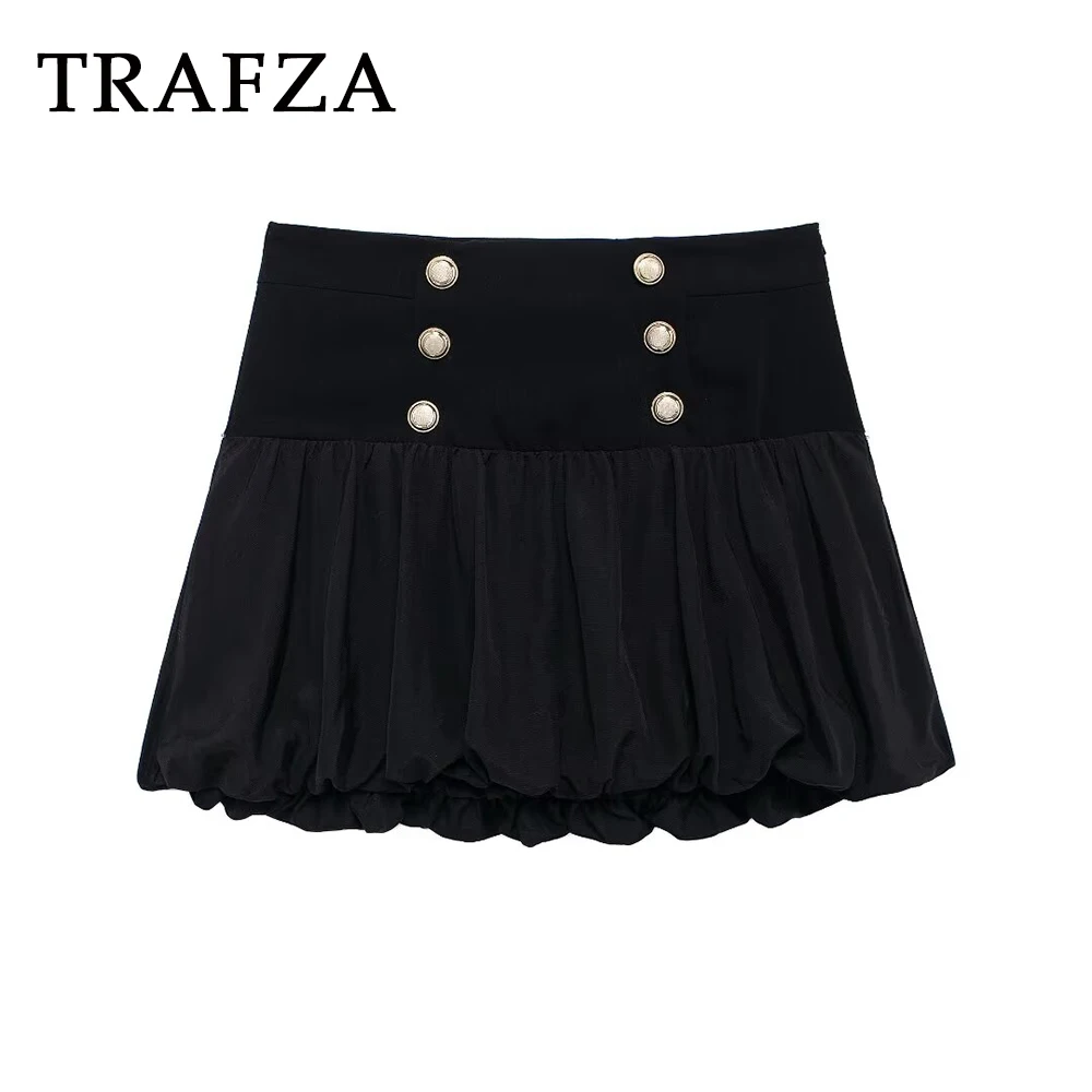 

TRAFZA Fashion 2024 Autumn Solid Black Button Women High Waist Mini Skirt Streetwear Folds Sexy Chic Punk Hotsweet Sheath Skirt