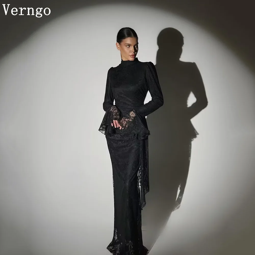 

Verngo Black Lace Elegant Prom Gown High Neck Full Sleeves Mermaid Evening Dress Women Arabic Modest Prom Dresses Customized